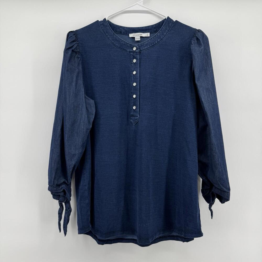 Chicos Women’s Size 2 (US Large) Faux Denim Blouse Ruffled Ties Casual Preppy